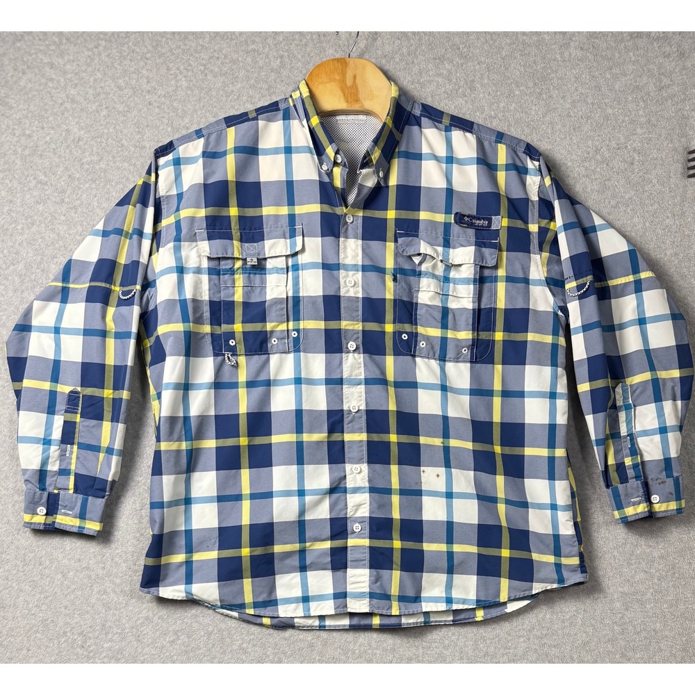 Columbia PFG Super Bahama Fishing Shirt Mens Blue Yellow Plaid Long Sleeve L